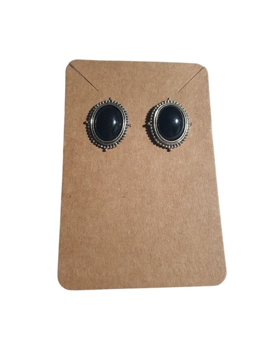 Silver Tone Black Oval Stud Earrings Vintage Look Elegant Beautiful Gift Women